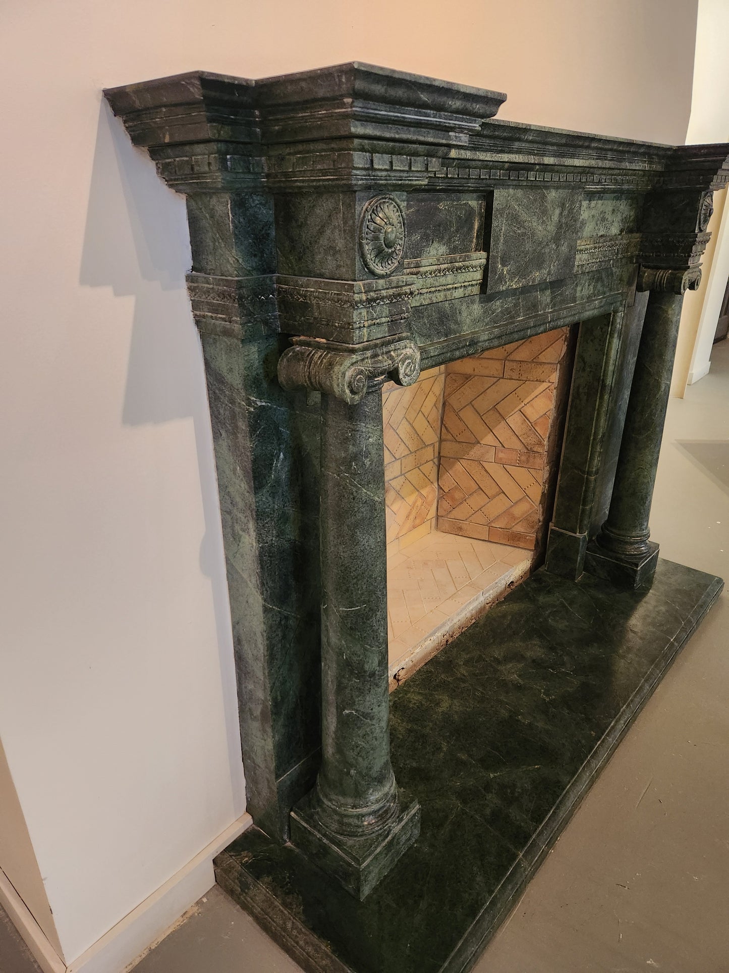 Hand-Carved Dark Green Marble Fireplace Mantel in the Georgian Style
