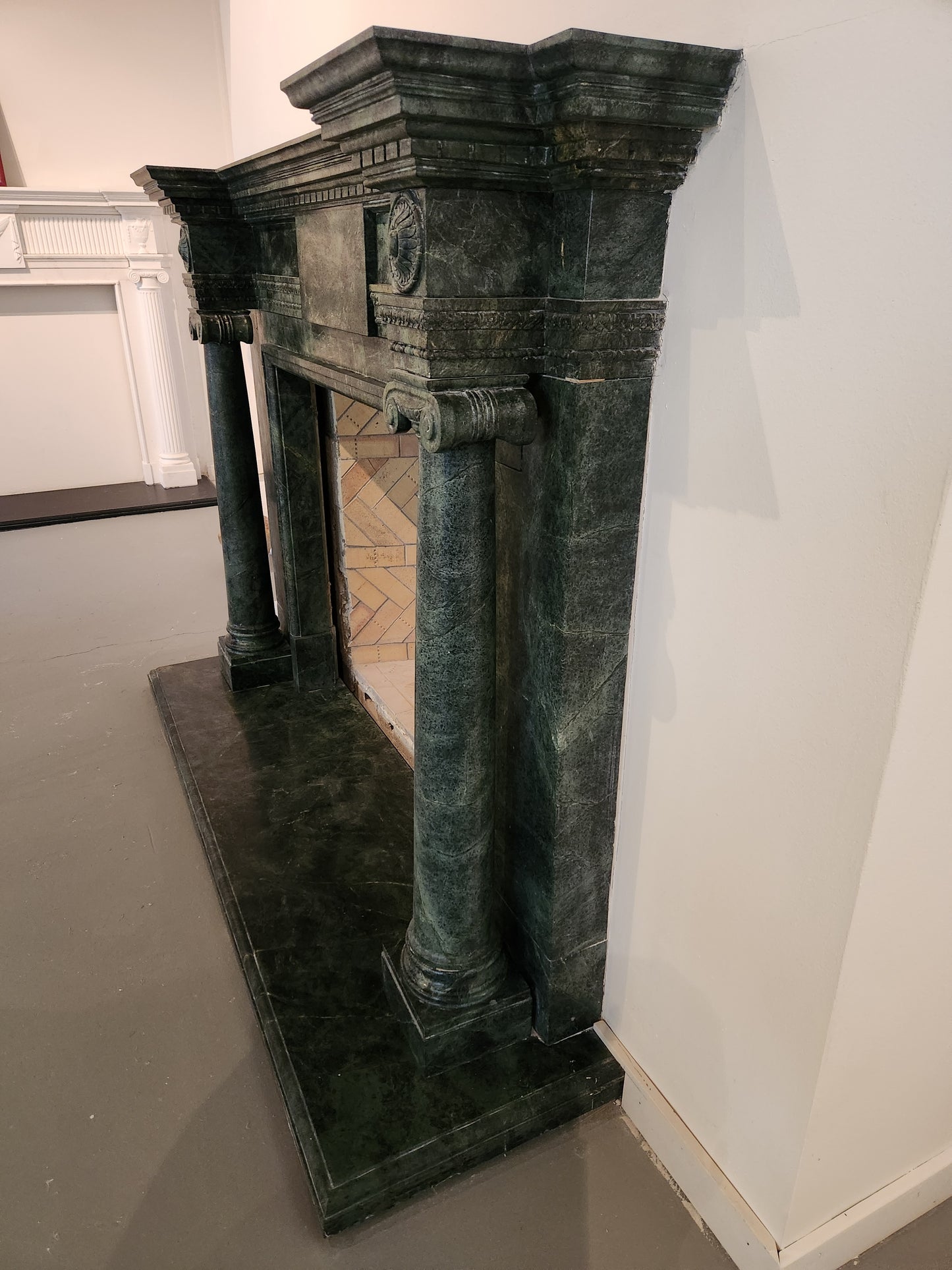 Hand-Carved Dark Green Marble Fireplace Mantel in the Georgian Style