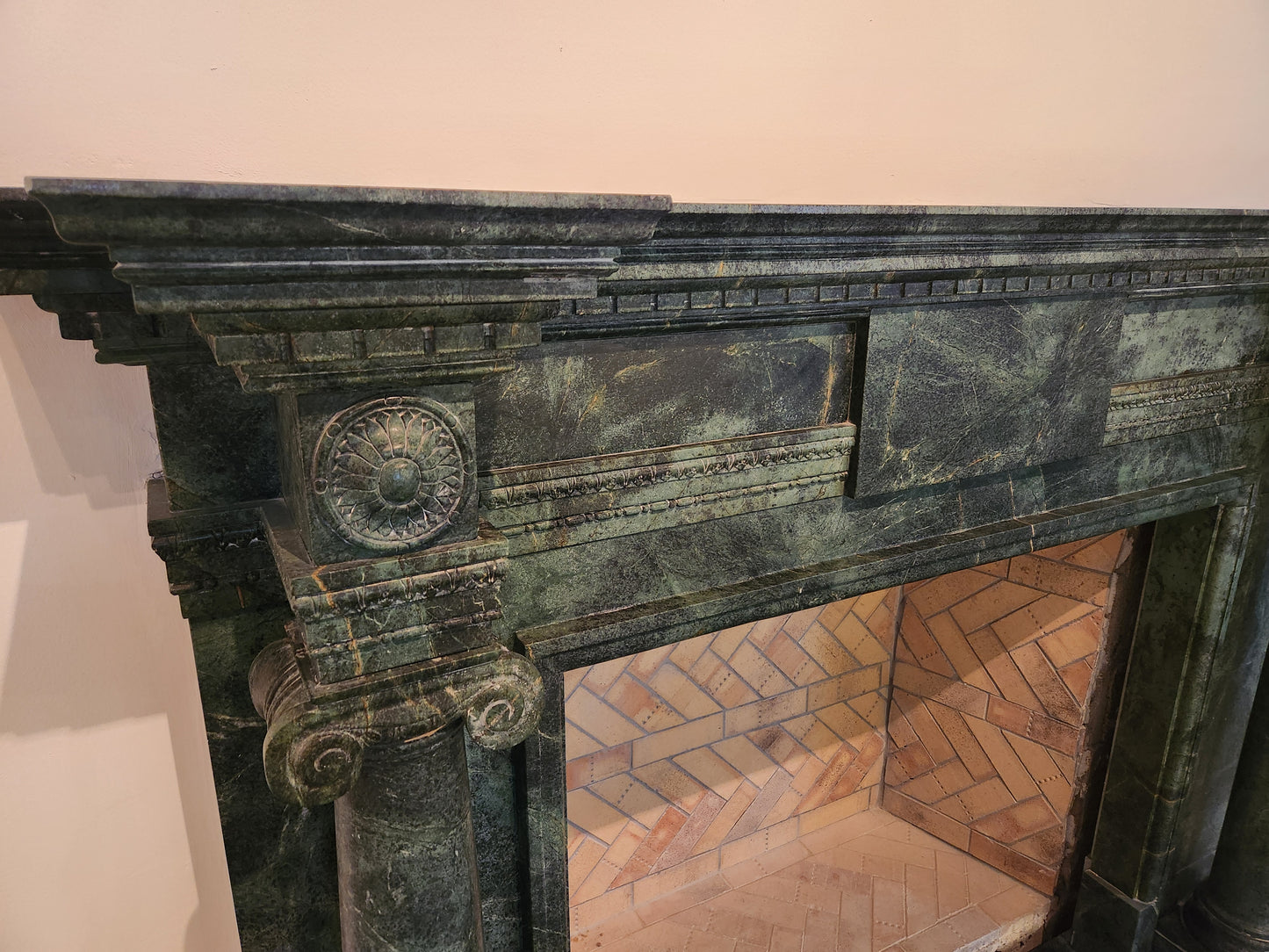 Hand-Carved Dark Green Marble Fireplace Mantel in the Georgian Style